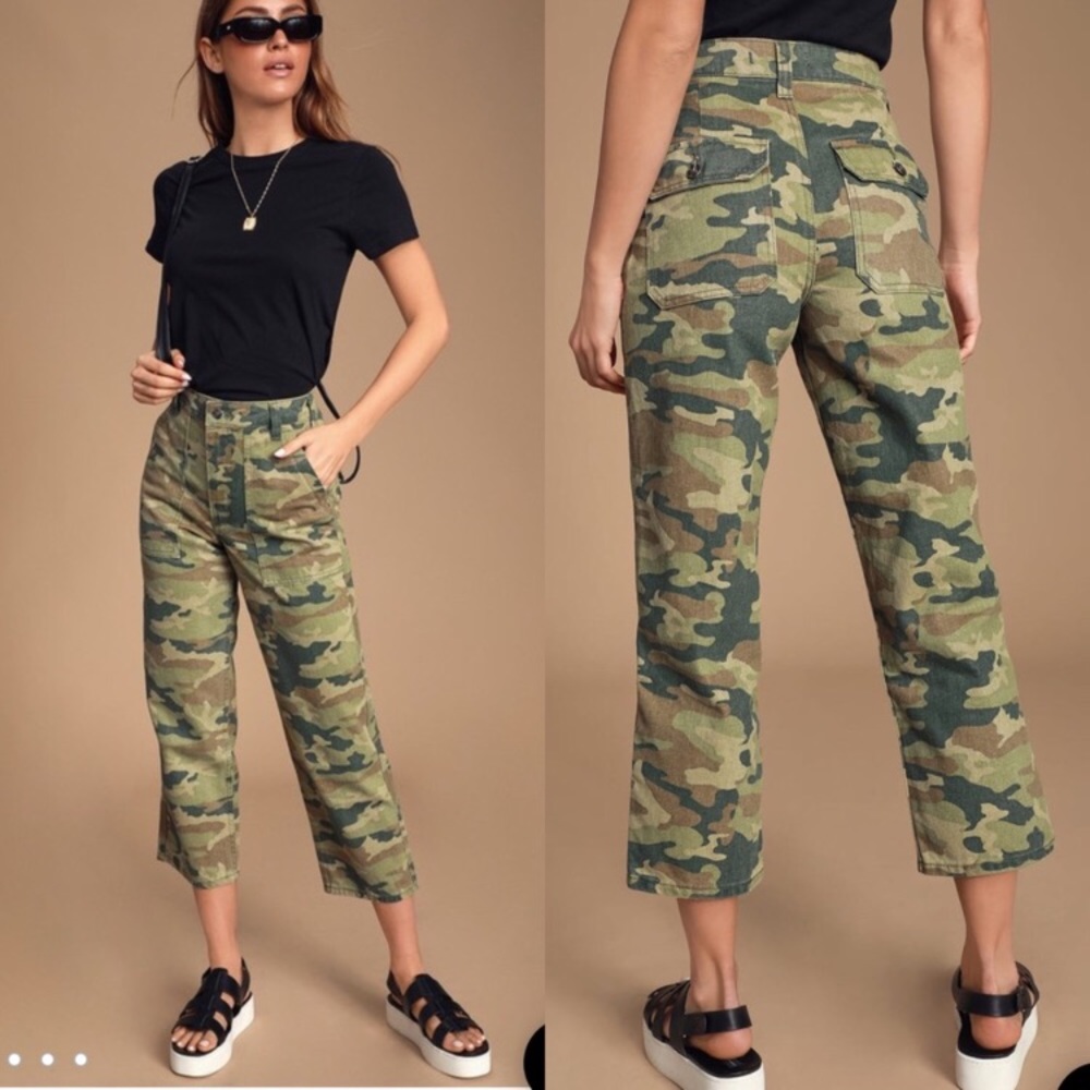 Free People High Rise Camo Print Straight Leg Jean